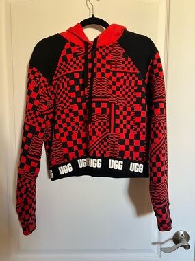 UGG cropped Red & Black Checker Knit Hoodie Sweater